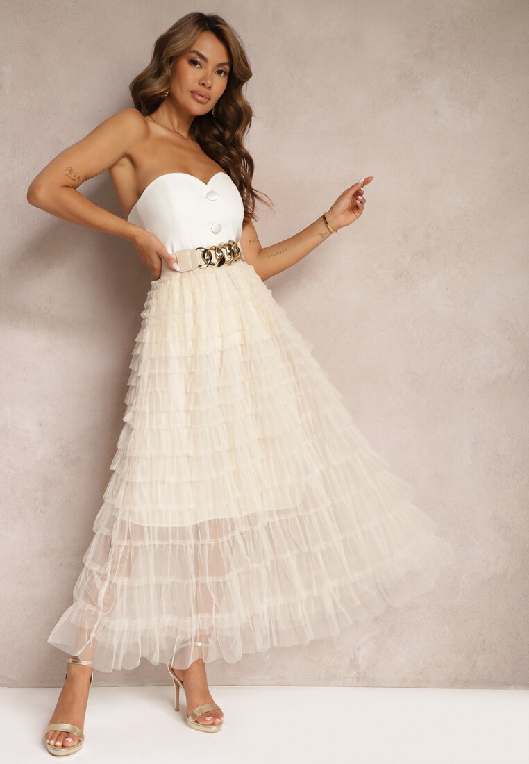 Fustă Tulle Bej Deschis cu Elastic în Talie Decorată cu Volane Missalisha
