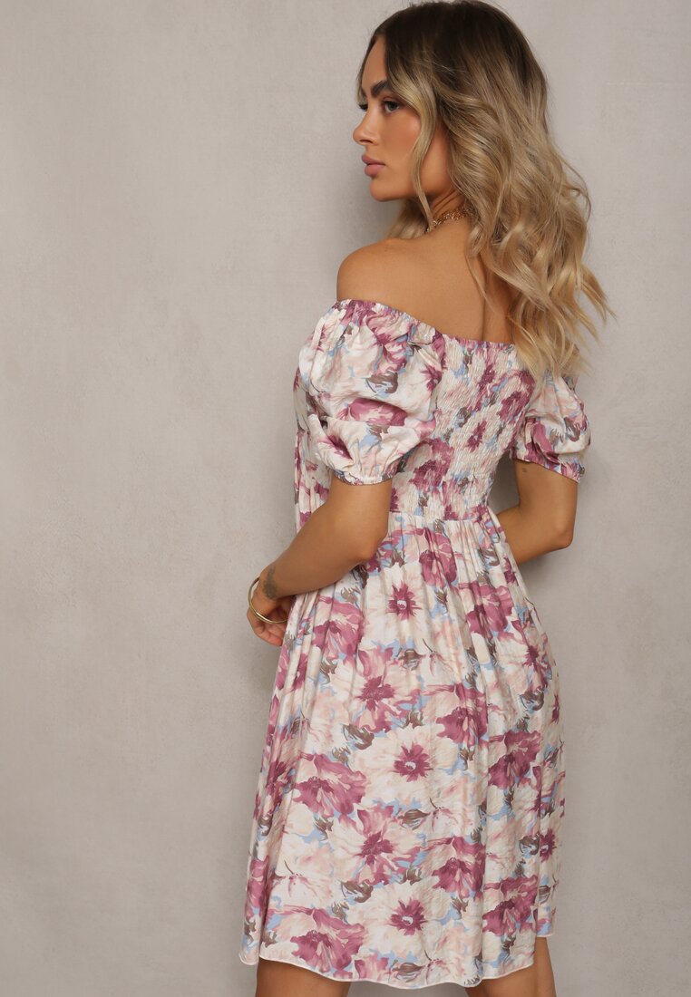 Roșu-Bej Rochie cu Decolteu Legat și Mâneci Bufante cu Elastic în Spate cu Model Floral Vikolla