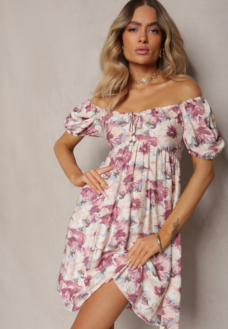 Roșu-Bej Rochie cu Decolteu Legat și Mâneci Bufante cu Elastic în Spate cu Model Floral Vikolla
