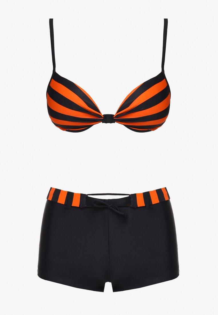 Bikini Portocaliu-Negru Sutien Cu Cupe Buretate Slip Tip Şort Cu Şnur Jomefia