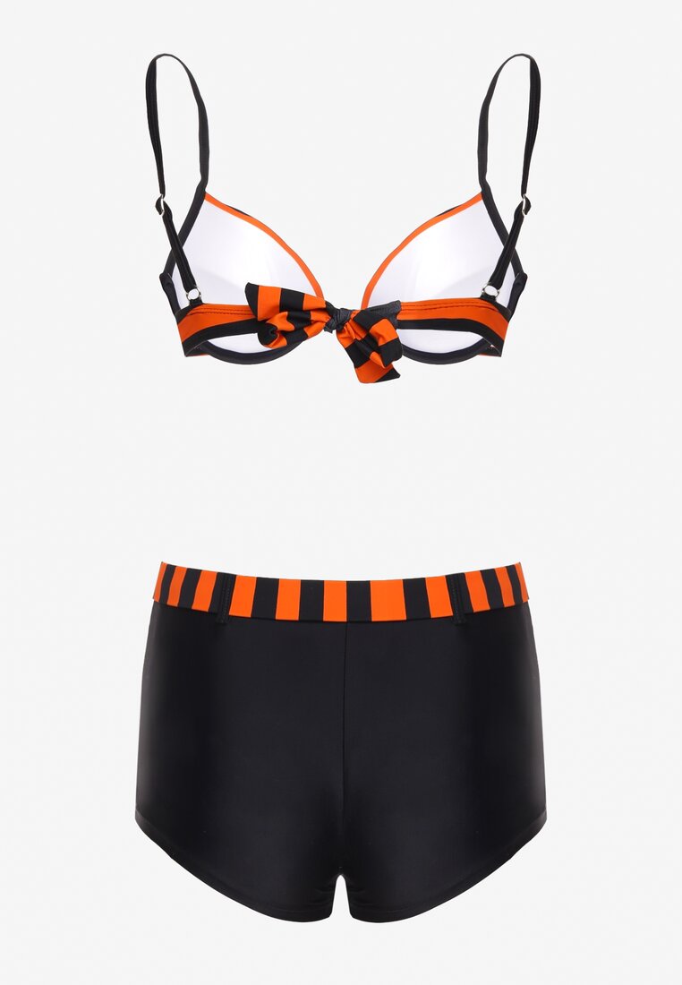 Bikini Portocaliu-Negru Sutien Cu Cupe Buretate Slip Tip Şort Cu Şnur Jomefia