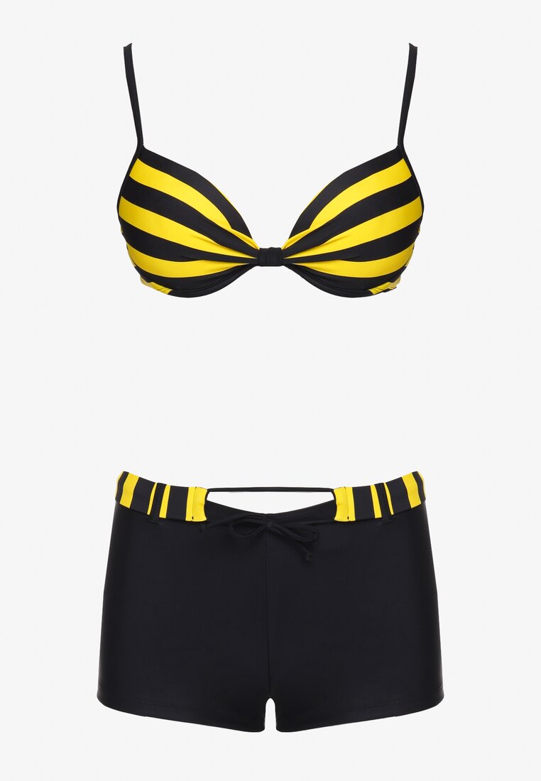 Żółto-Czarne Bikini Stanik z Usztywnionymi Miseczkami Majtki Typu Szorty z Paskiem Jomefia