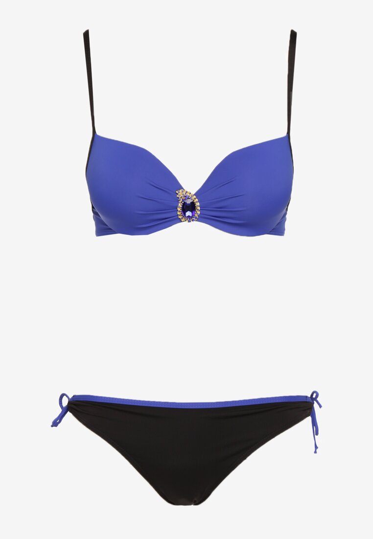 Granatowe Bikini Stanik z Ozdobną Aplikacją Majtki Wiązane Figi Jolefia