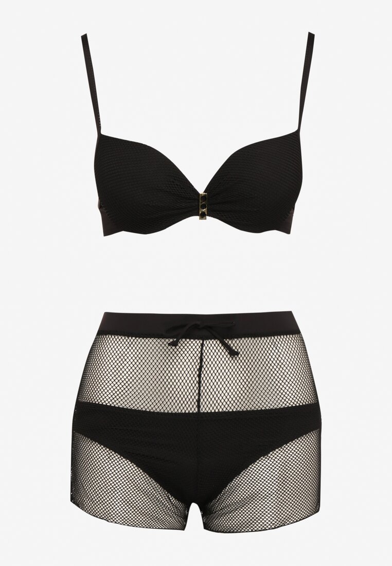 Bikini Negru Sutien Push-Up Slip Chiloți Scurți cu Elastic în Talie din Plasă Vikkori