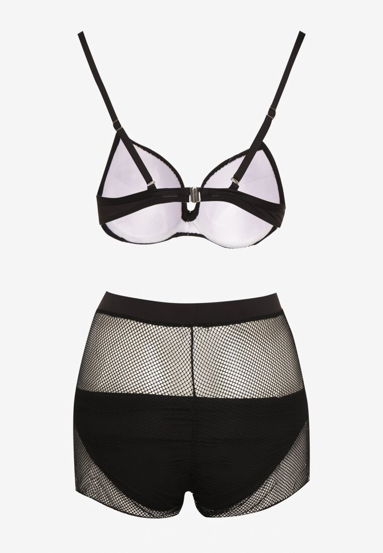 Bikini Negru Sutien Push-Up Slip Chiloți Scurți cu Elastic în Talie din Plasă Vikkori