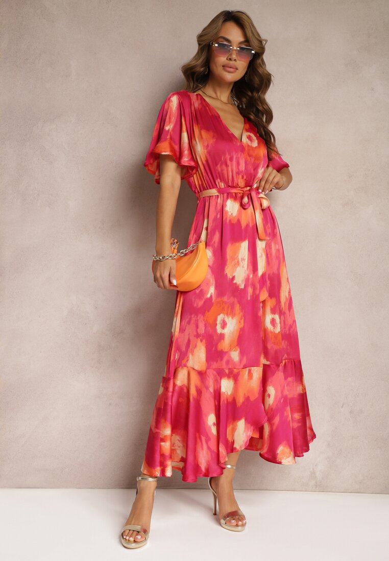 Fuksjowo-Pomarańczowa Kopertowa Sukienka z Gumką w Talii Wiązana Materiałowym Paskiem Vikisana