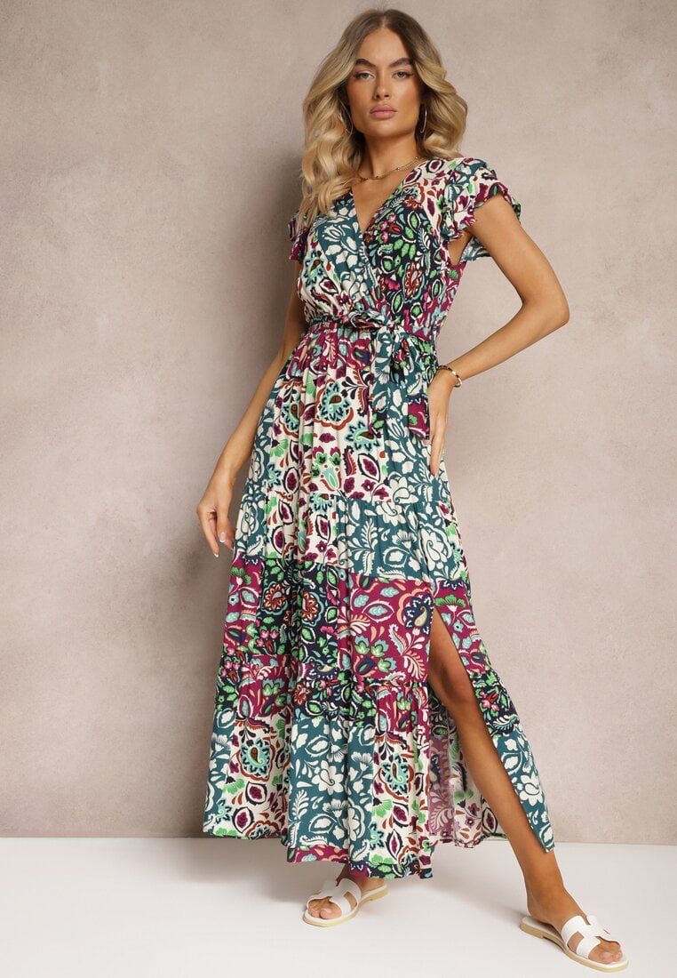 Rochie Violet-Verde cu Mânecă Scurtă din Viscoză cu Elastic în Talie cu Curea din Material și Dimonte