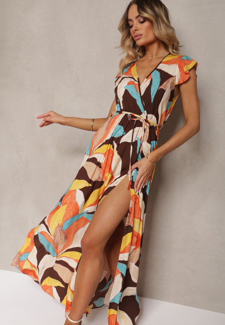 Rochie Portocalie tip Plic cu Elastic în Talie și Curea din Material Ornată cu Șliț Eletta