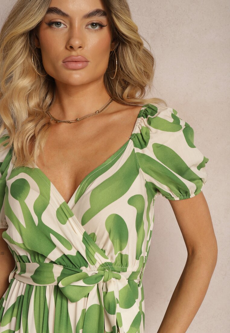 Rochie verde din viscoză cu decolteu triunghiular și elastic în talie cu cordon din material Viketa