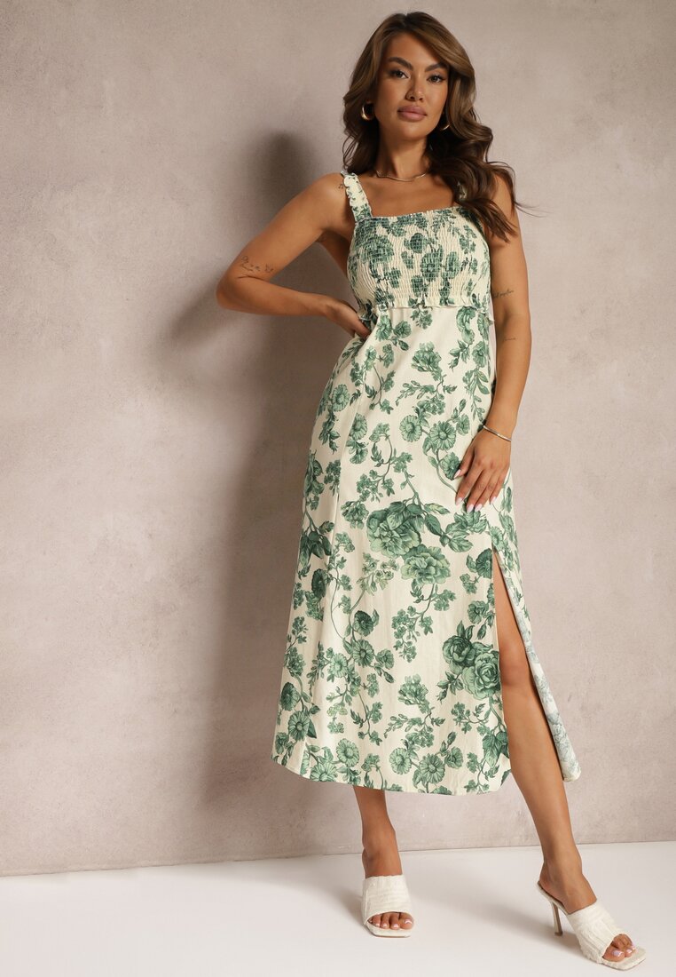 Rochie Alb-Verde din Bumbac cu Bretele cu Elastic în Talie și Șliț Decorativ pe Picior Dimrrou
