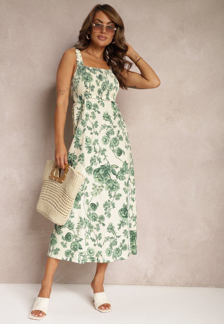 Rochie Alb-Verde din Bumbac cu Bretele cu Elastic în Talie și Șliț Decorativ pe Picior Dimrrou