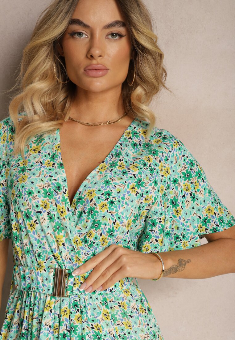 Rochie Verde Tip Camasa din Vascoza cu Curea din Material si Elastic in Talie cu Slita Vikali