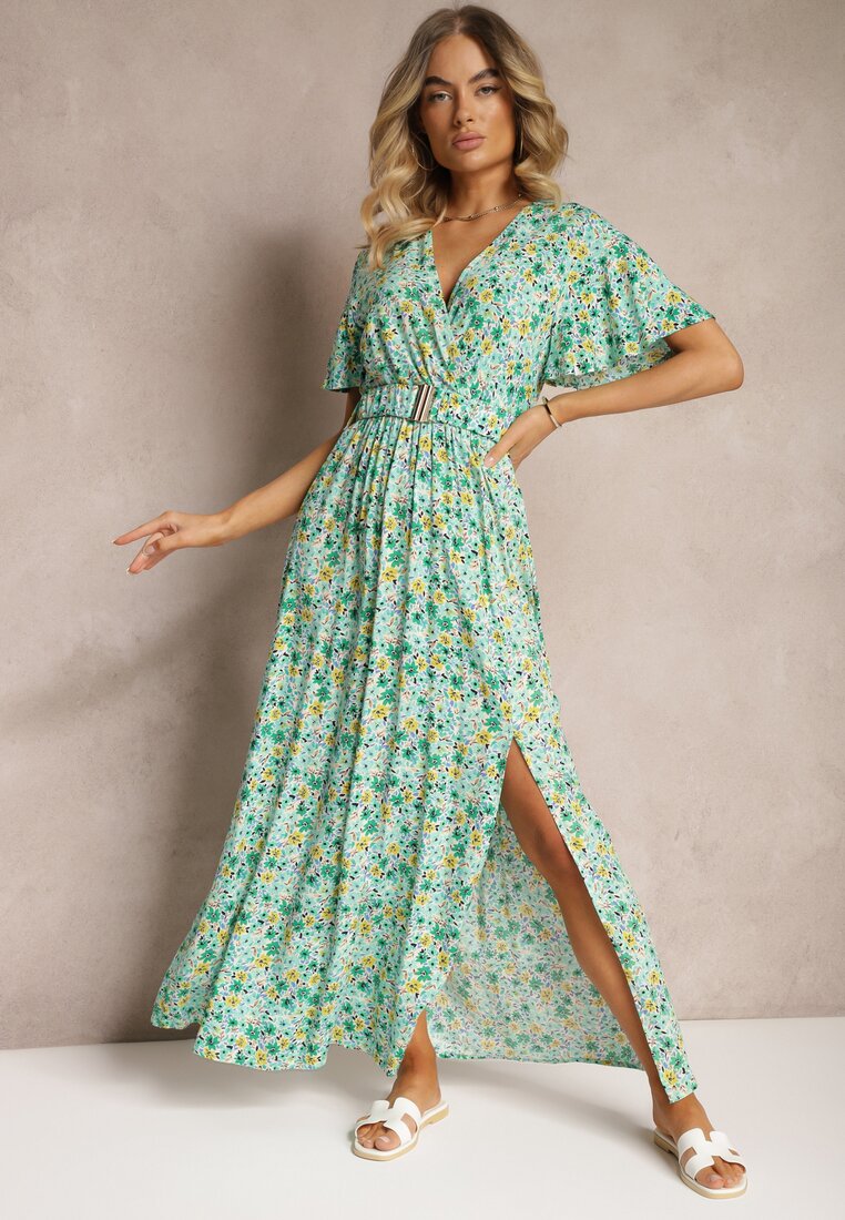 Rochie Verde Tip Camasa din Vascoza cu Curea din Material si Elastic in Talie cu Slita Vikali