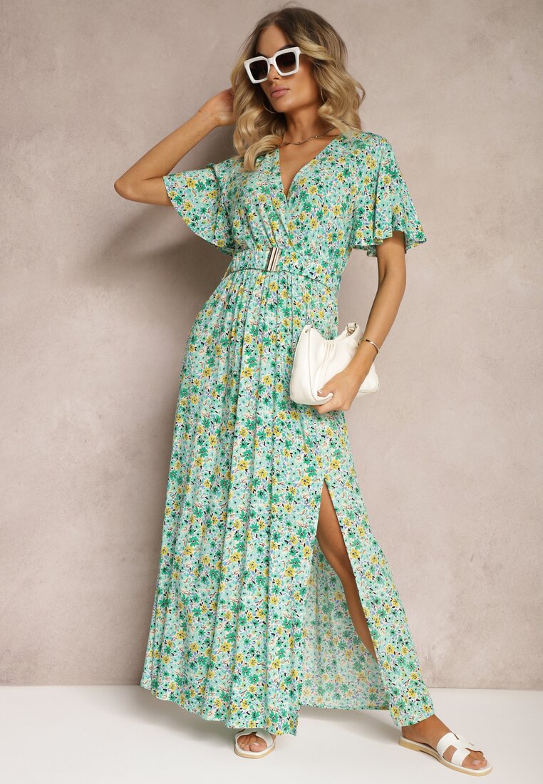 Rochie Verde Tip Camasa din Vascoza cu Curea din Material si Elastic in Talie cu Slita Vikali