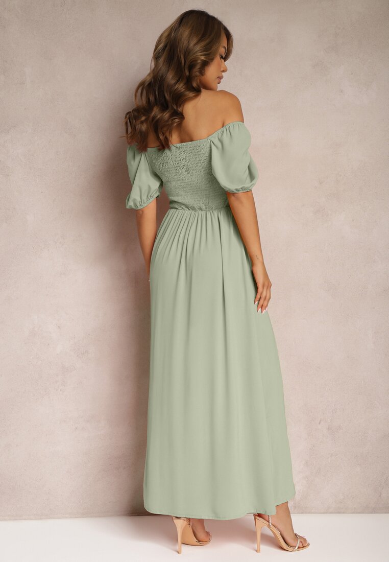 Rochie Verde de Seară cu Decolteu Spaniol și Șliț Vikiya