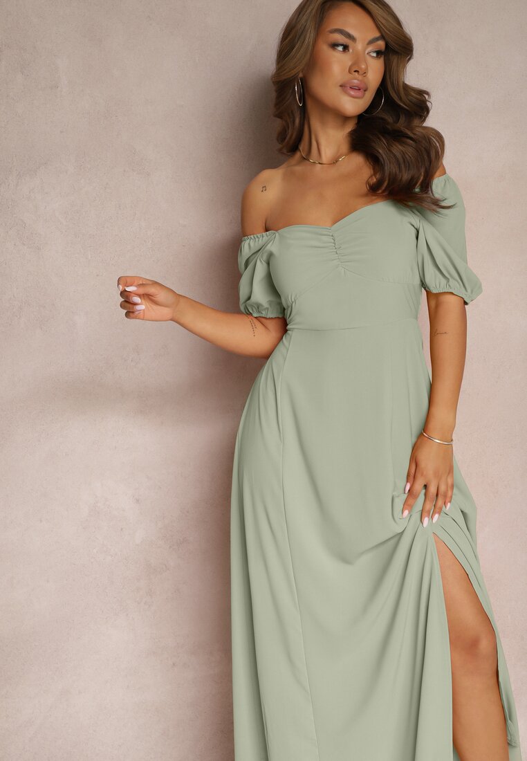 Rochie Verde de Seară cu Decolteu Spaniol și Șliț Vikiya