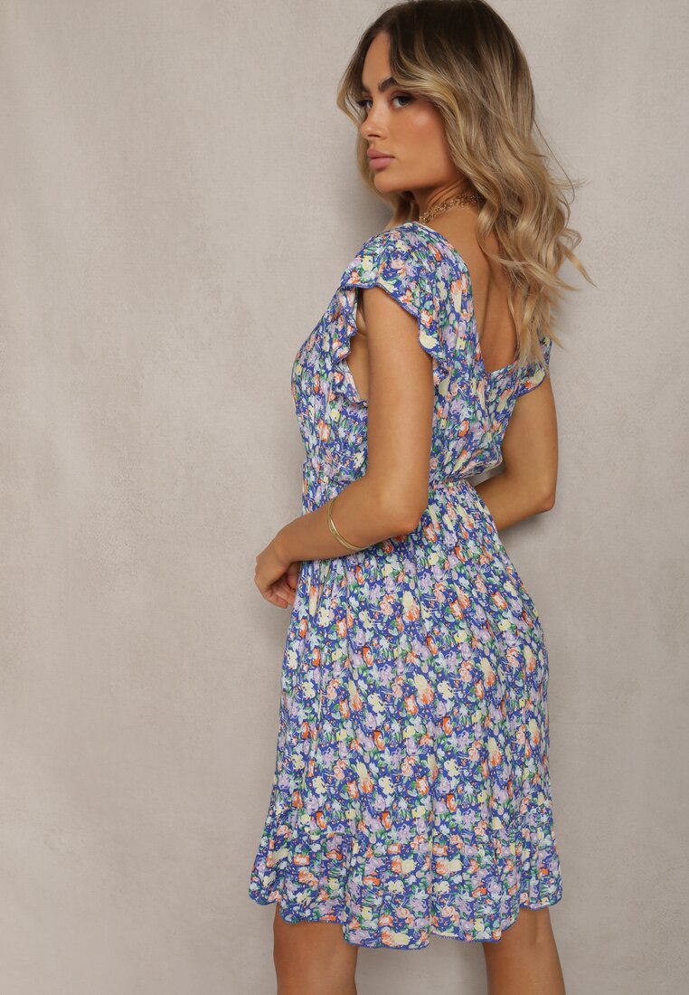 Rochie albastră de bumbac cu elastic în talie și decolteu în V Delletta