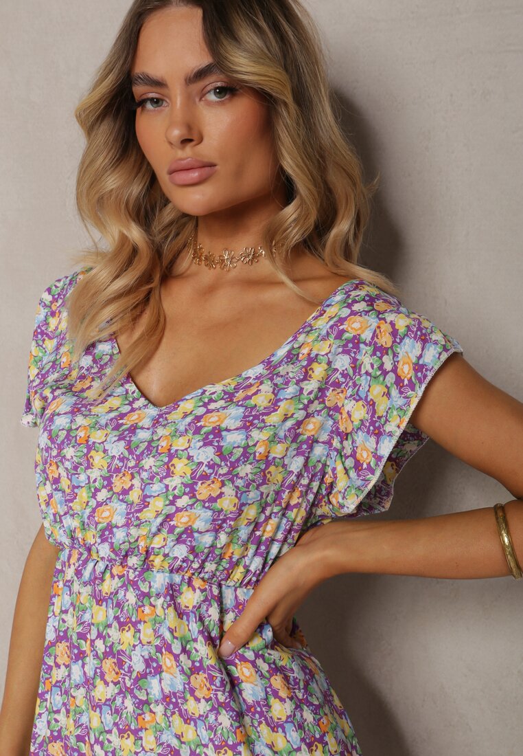 Rochie Violet-Verde din Bumbac cu Elastic în Talie și Decolteu în V Delletta