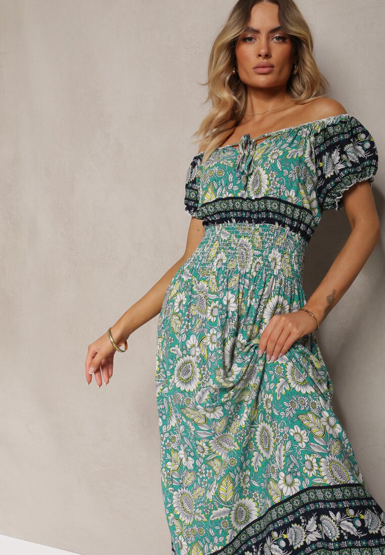 Rochie verde din bumbac cu elastic în talie și legătură la decolteu Hiletta