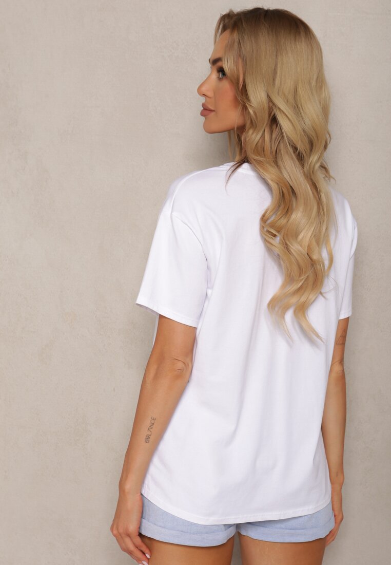 Biały Bawełniany T-shirt z Ozdobną Aplikacją Kwiatu Risabelle