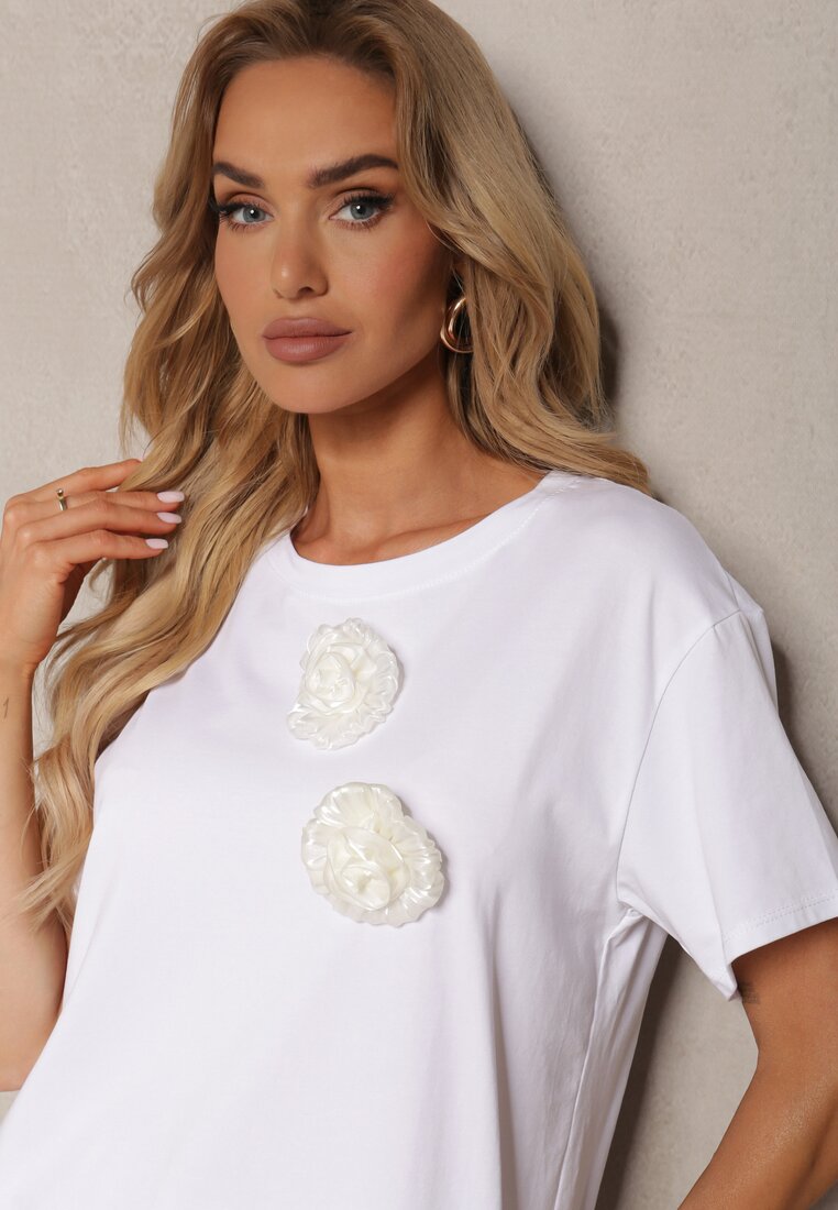 Tricou din Bumbac Alb cu Aplicație Florală Decorativă Risabelle