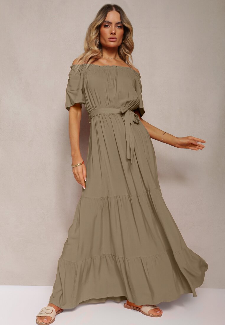 Rochie verde închis Spaniolă cu Elastic în Talie și Curea din Material Tiamanda