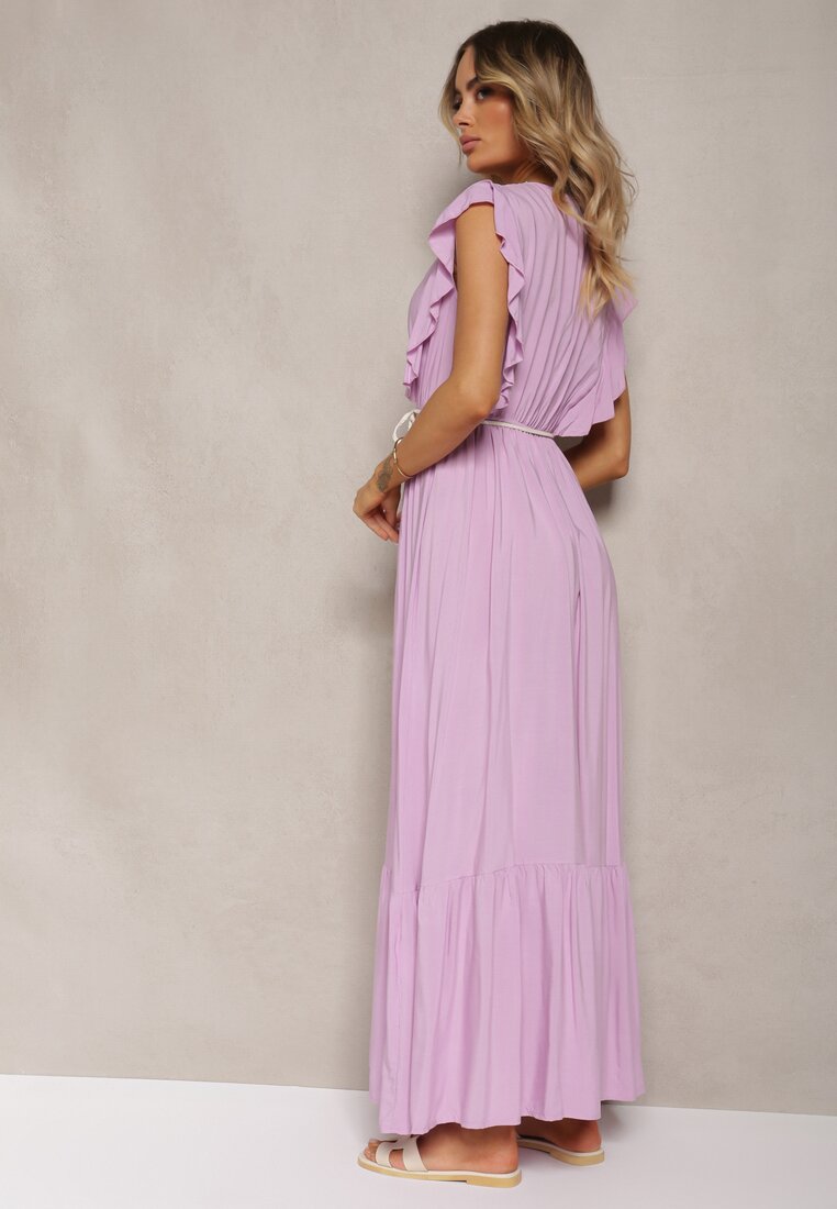 Rochie violet deschis din bumbac și viscoză cu decolteu în V petrecut și șnur în talie Terin