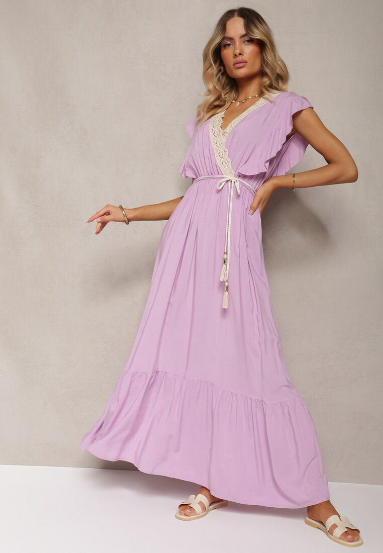 Rochie violet deschis din bumbac și viscoză cu decolteu în V petrecut și șnur în talie Terin