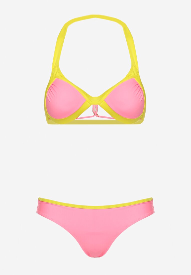 Bikini Roz cu Sutien Legat de Gât cu Decolteu Ornat Chiloți Tip Figi Vikisian