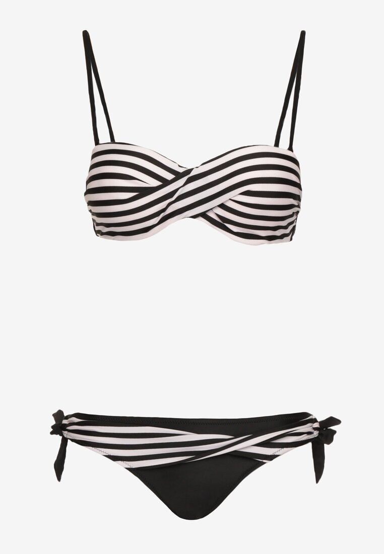 Bikini Alb-Negru din 2 Piese Sutien cu Push-Up Chilot Tanga cu Șnur Joadia