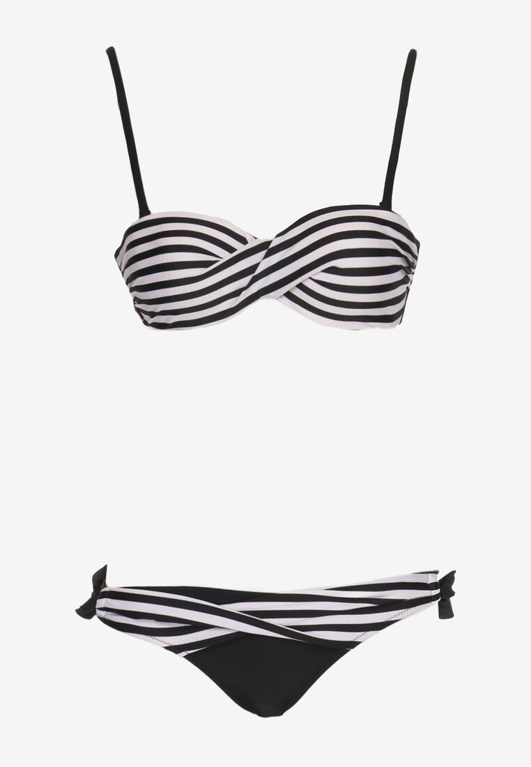 Bikini Alb-Negru din 2 Piese Sutien cu Push-Up Chilot Tanga cu Șnur Joadia