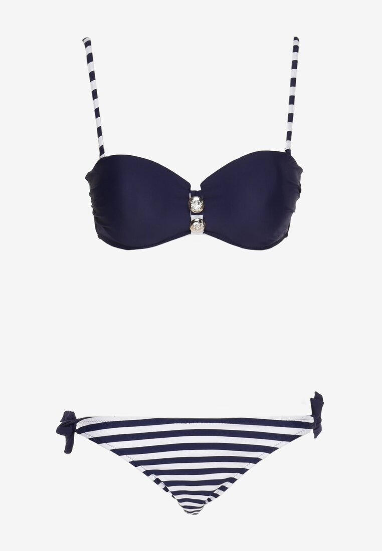 Bleumarin-Alb Bikini din Două Piese Sutien Ornat cu Nasturi Chilot Tip Figi cu Șnururi Vikkiri