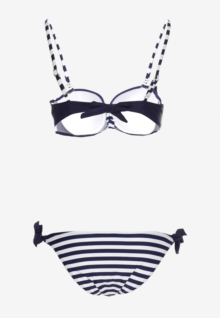 Bleumarin-Alb Bikini din Două Piese Sutien Ornat cu Nasturi Chilot Tip Figi cu Șnururi Vikkiri