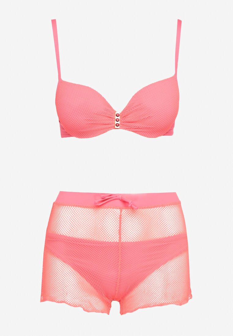 Bikini Roz Set Sutien Push-Up Chiloți Scurți Plasă Viktori