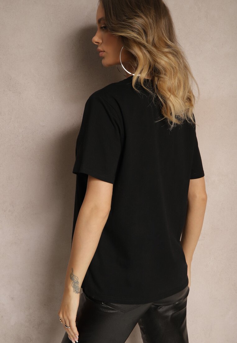 Tricou Negru din Bumbac cu Mânecă Scurtă și Strasuri Decorative la Decolteu Vilefia