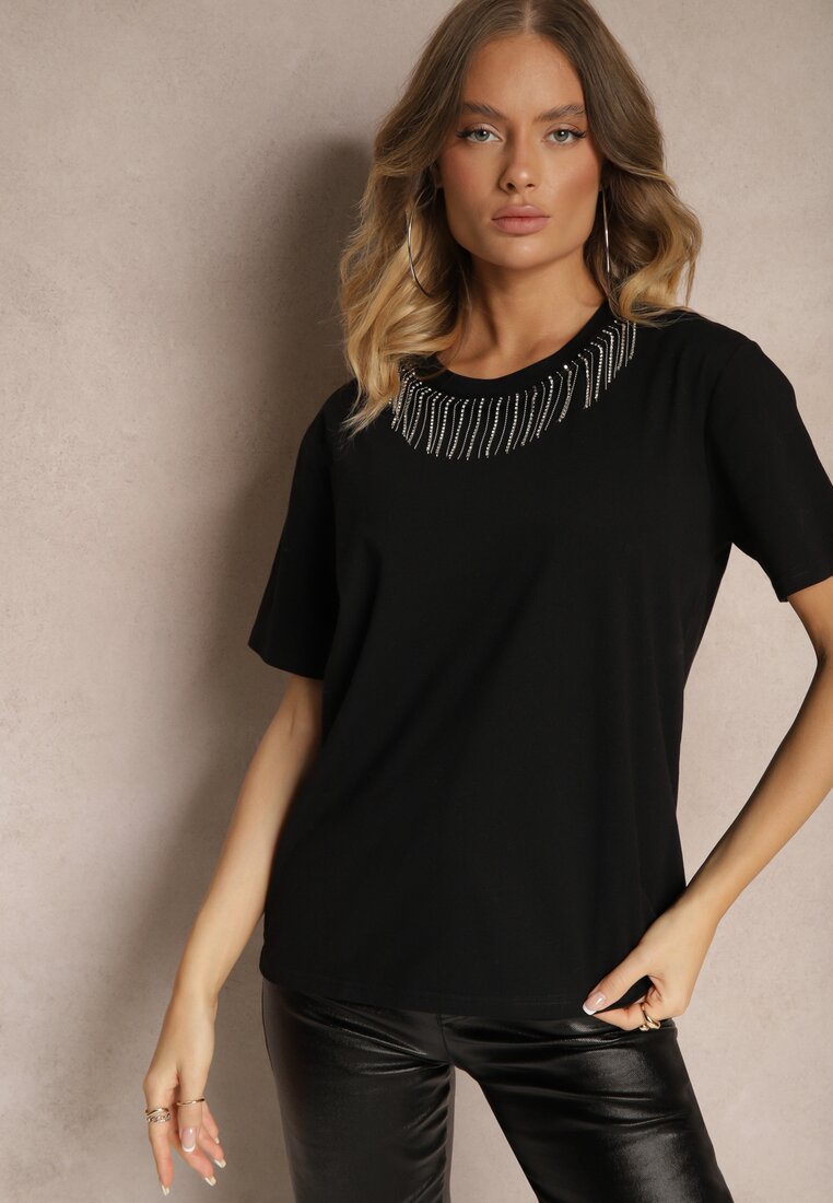 Tricou Negru din Bumbac cu Mânecă Scurtă și Strasuri Decorative la Decolteu Vilefia
