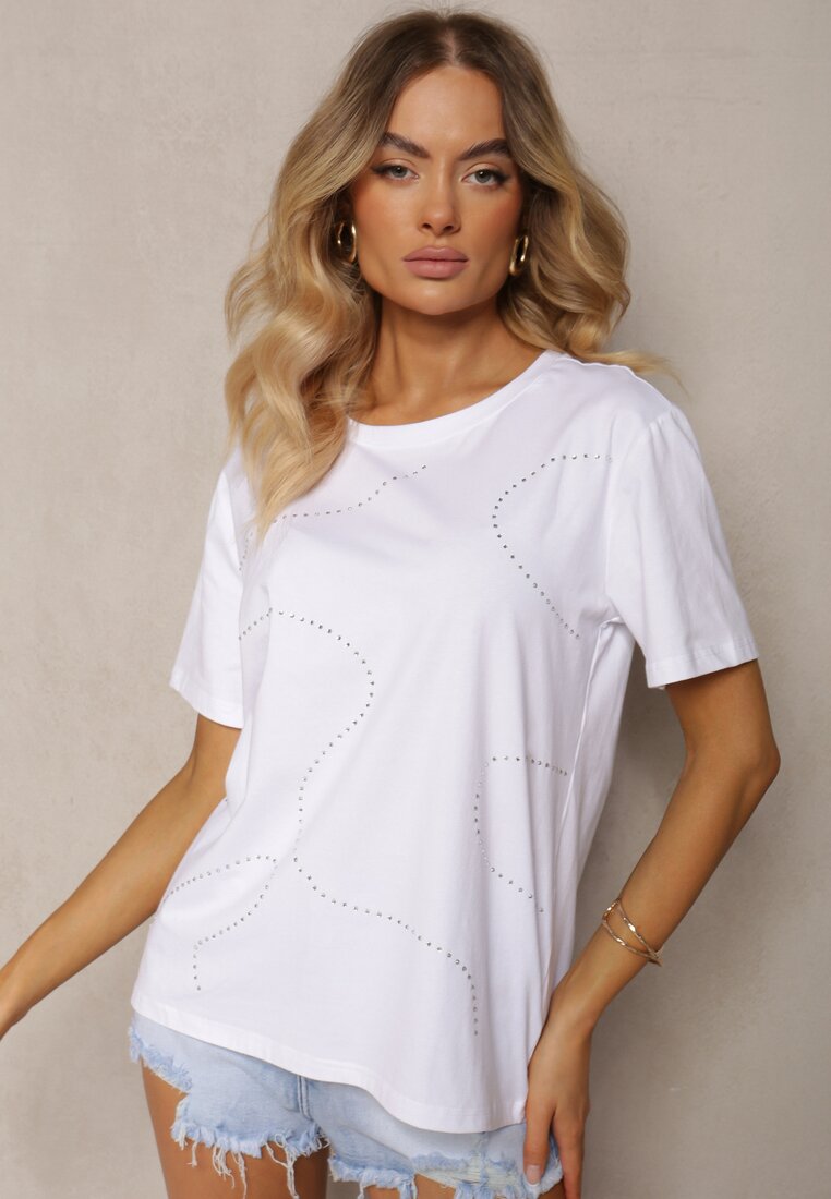 Biały T-shirt z Bawełny z Krótkim Rękawem i Ozdobnymi Cyrkoniami Keravia