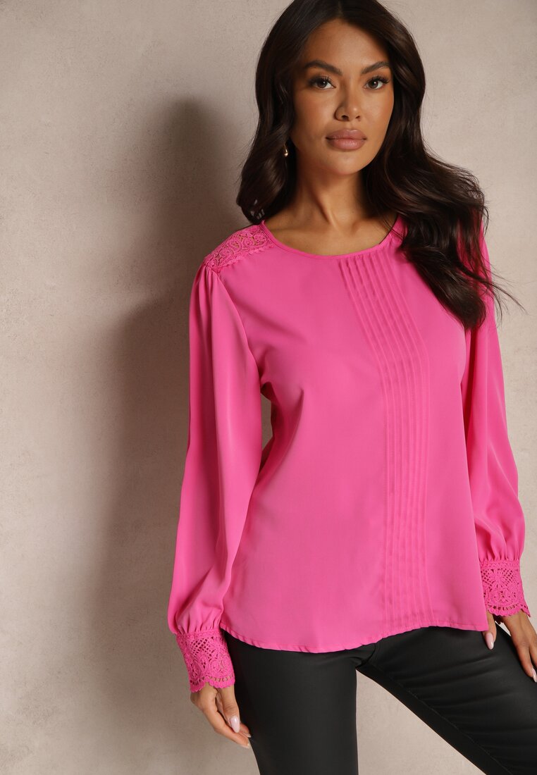 Bluză Cămașă Retro Fucsia cu Dantelă Decorativă și Volane Udeviana