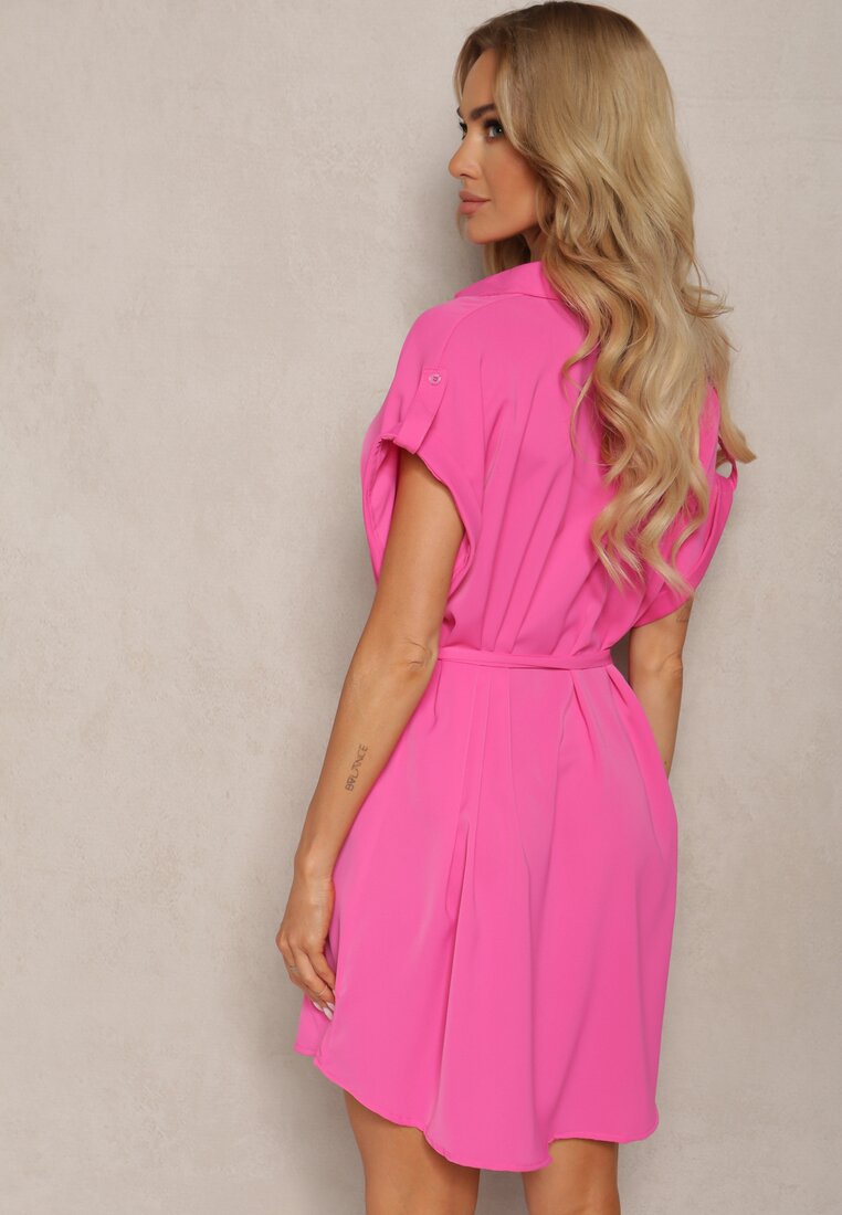 Rochie cămașă evazată fuchsia cu cordon Vikira