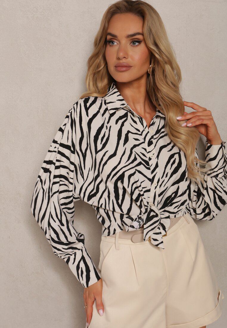 Cămașă Bej-Negru cu Fundă și Mânecă Lungă în Model Animal Print Vikimia