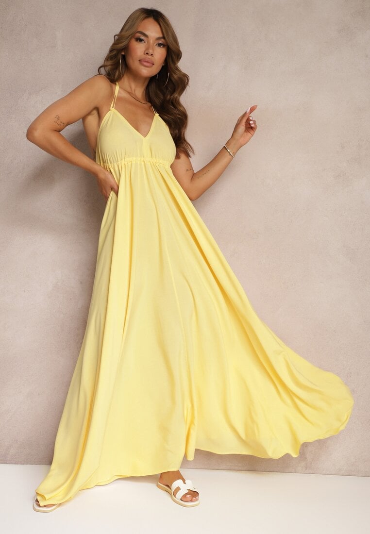 Żółta Rozkloszowana Sukienka Bawełniana z Wiązaniem na Szyi Panethea