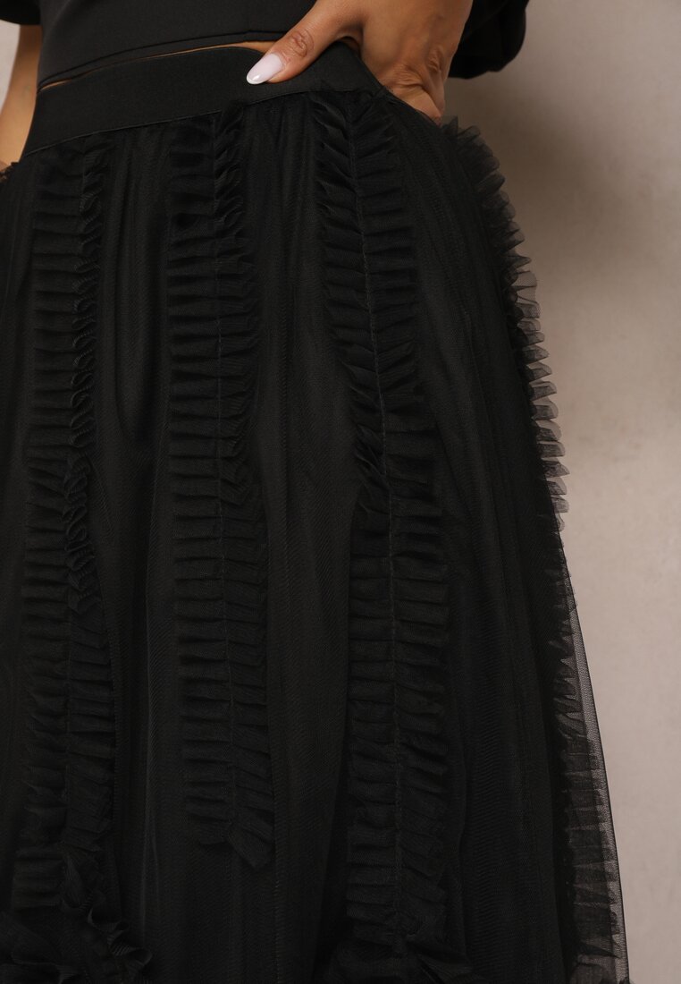 Fusta Neagră High Waist cu Elastic în Talie cu Finisaj din Plasă Vikkissa
