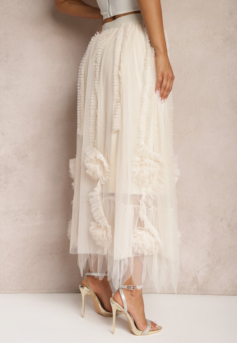 Fusta bej deschis High Waist cu Elastic în Talie cu Finisaj Plasă Vikkissa