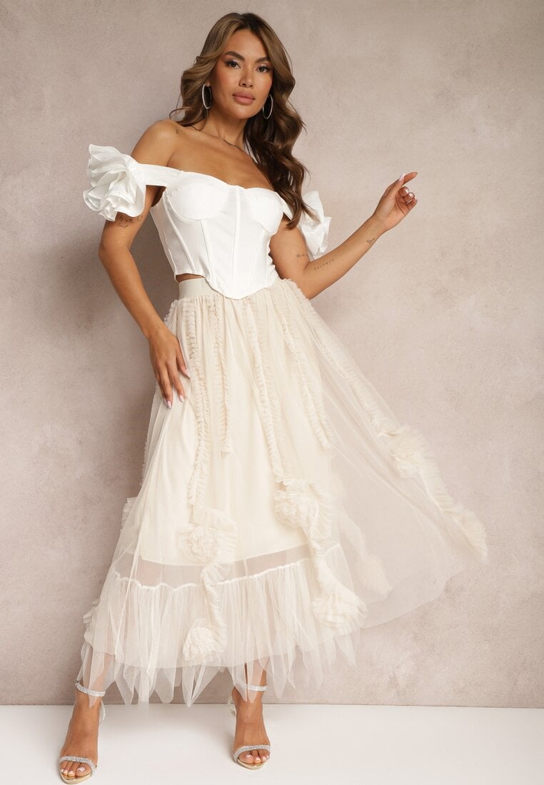 Fusta bej deschis High Waist cu Elastic în Talie cu Finisaj Plasă Vikkissa