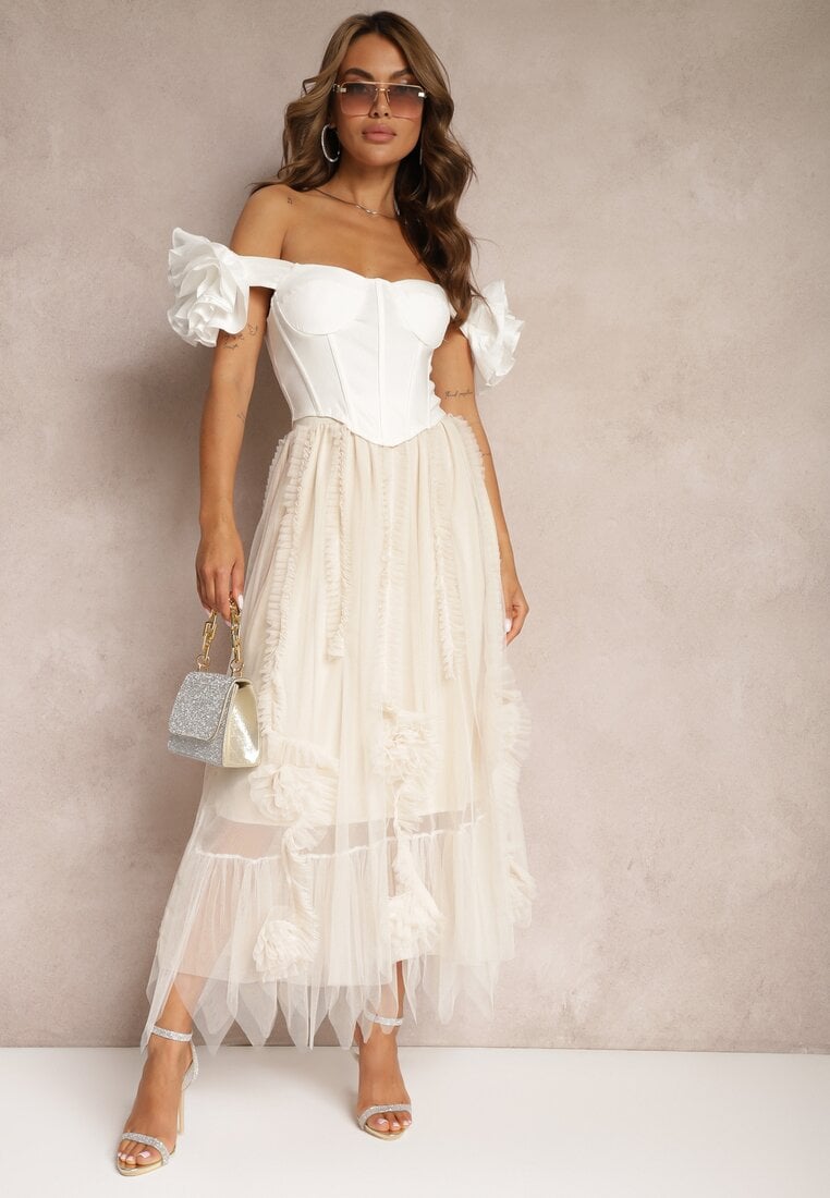 Fusta bej deschis High Waist cu Elastic în Talie cu Finisaj Plasă Vikkissa