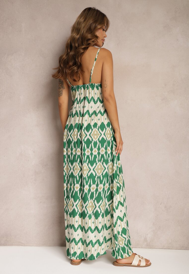 Rochie verde din viscoză cu bretele cu croi evazat și model geometric Xervidia