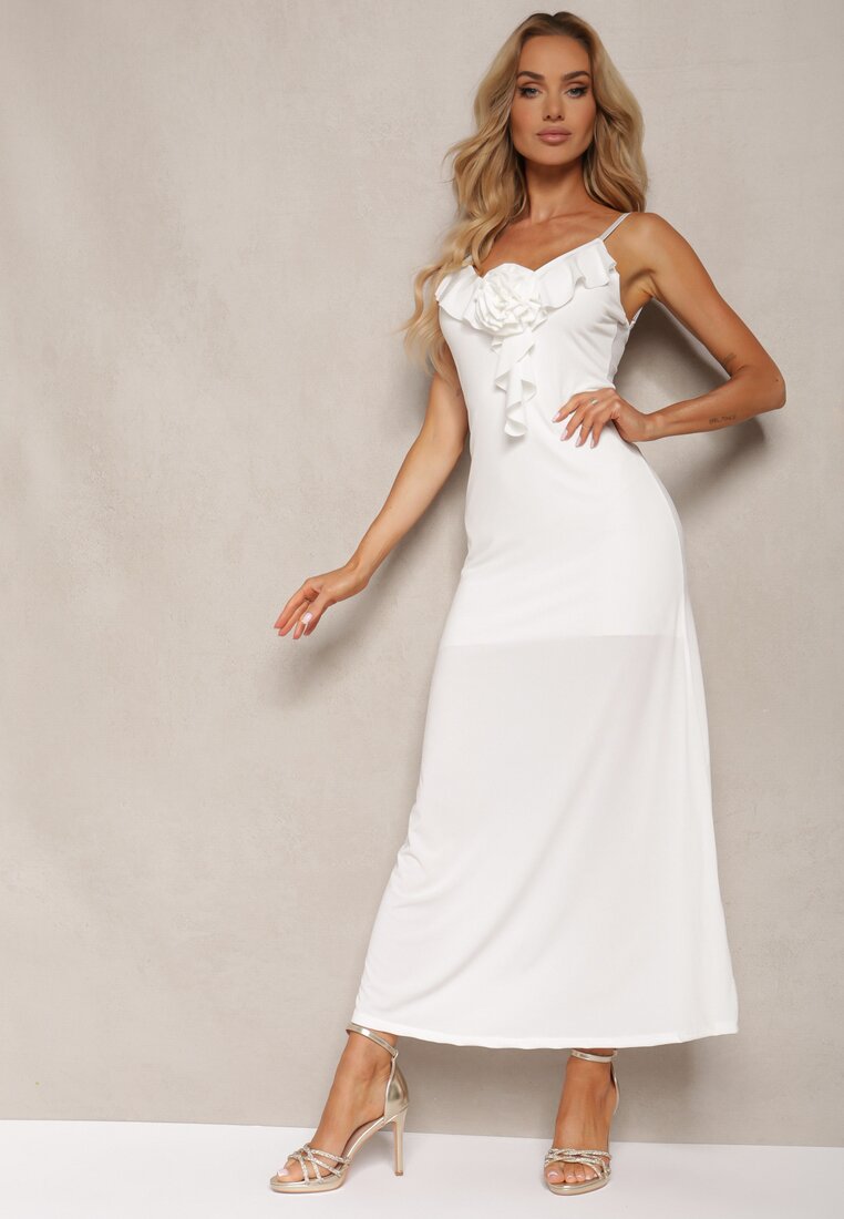 Rochie de Cocktail Albă Conică cu Broșă Ornamentală Floare și Volan Vikassa
