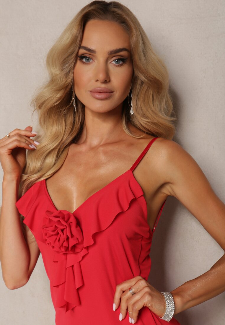 Rochie de Cocktail Roșie Conică cu Broșă Ornament Floare și Volan Vikassa