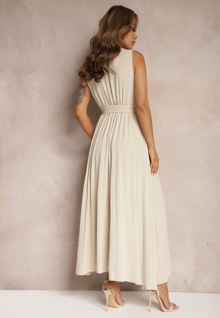 Rochie de Cocktail Bej Pliată cu Broșă Florală Curea și Elastic în Talie Viknna