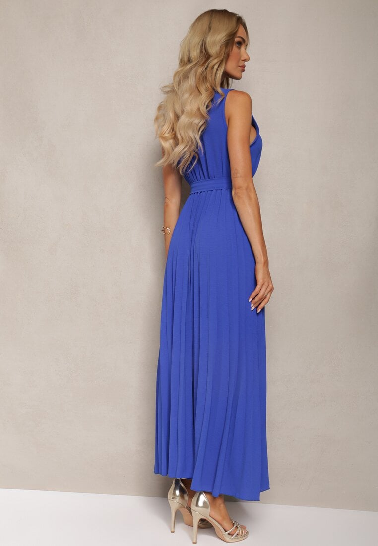 Rochie de Cocktail Bleumarin Pliuri cu Broșă Florală Curea și Elastic în Talie Viknna